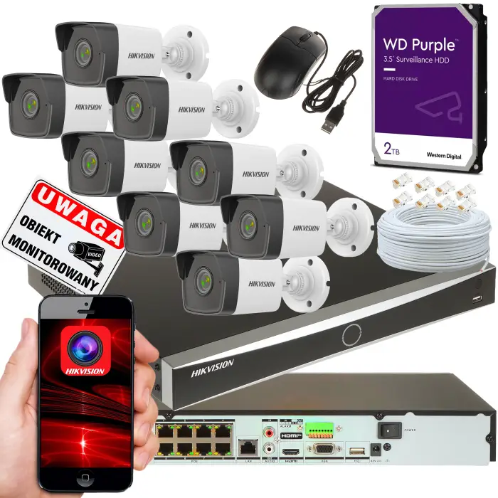 KOMPLETNY ZESTAW DO MONITORINGU NA 8 KAMER TUBOWYCH DS-2CD1043G0-I Z REJESTRATOREM DS-7608NXI-K2/8P i DYSKIEM TWARDYM WD PURPLE 2TB